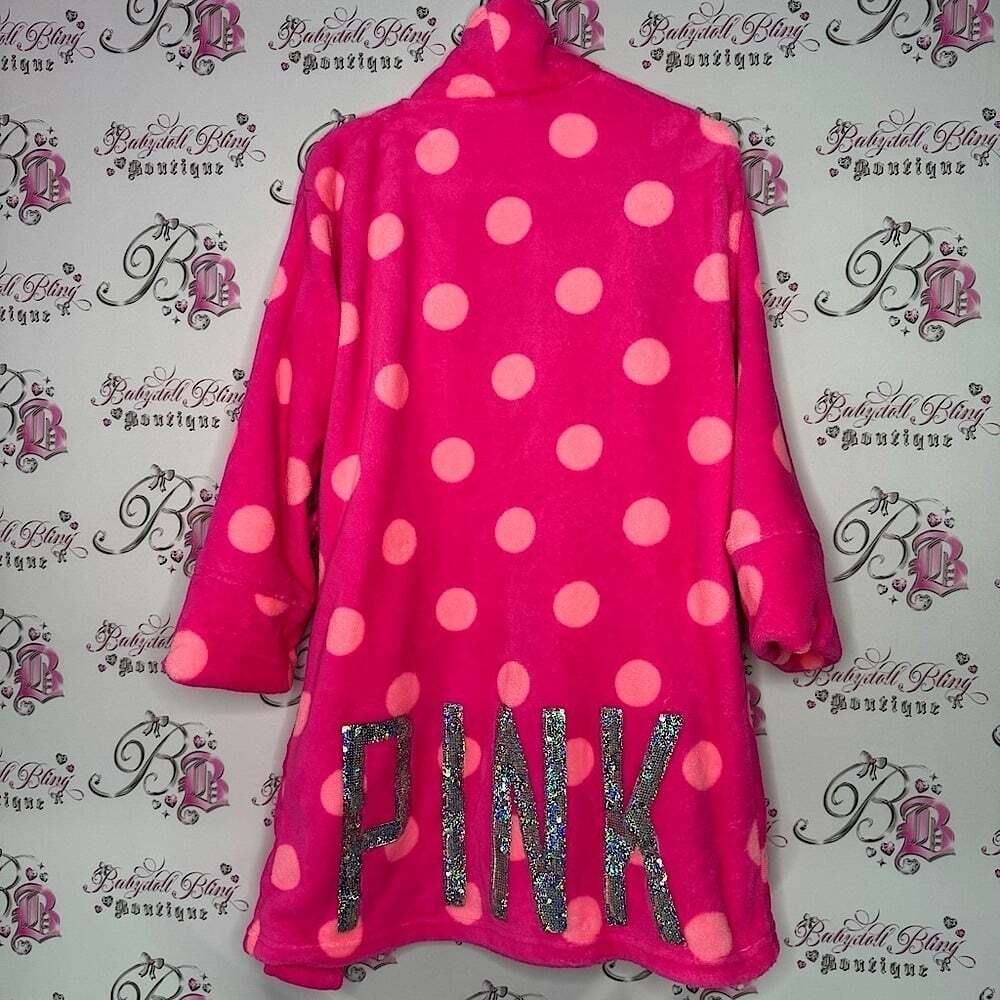 Victoria secret pink robe polka dot neon silver sequin holographic sparkle logo